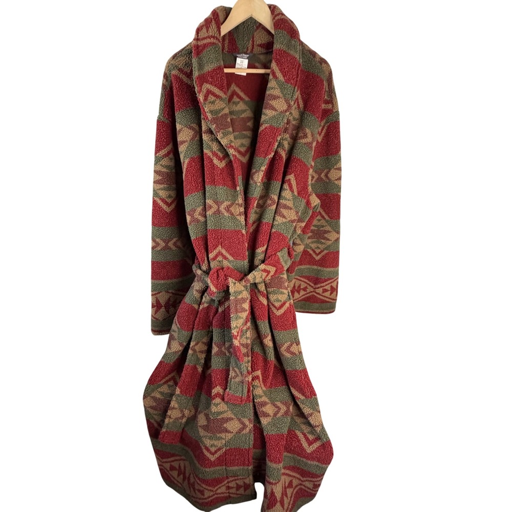 Woolrich Mens Southwestern Sherpa Fleece Robe Olive Red Geometric XL XXL 22156